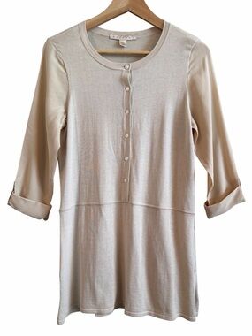 Belford Tunic Top Womens S Knit Beige Tan Silk Cotton Roll Tab Slv Button 2 Tone